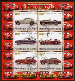 Congo 2007 Ferrari #1 perf sheetlet containing 6 values fine cto used, stamps on , stamps on  stamps on racing cars, stamps on  stamps on cars, stamps on  stamps on ferrari