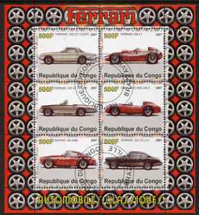 Congo 2007 Ferrari #1 perf sheetlet containing 6 values fine cto used, stamps on racing cars, stamps on cars, stamps on ferrari