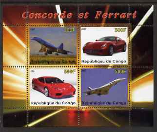 Congo 2007 Concorde & Ferrari perf sheetlet containing 4 values unmounted mint, stamps on , stamps on  stamps on racing cars, stamps on  stamps on cars, stamps on  stamps on ferrari, stamps on  stamps on aviation, stamps on  stamps on concorde