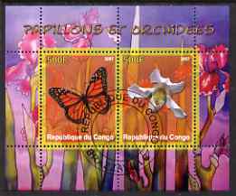 Congo 2007 Butterflies & Orchids #1 perf sheetlet containing 2 values fine cto used, stamps on , stamps on  stamps on butterflies, stamps on  stamps on orchids, stamps on  stamps on flowers