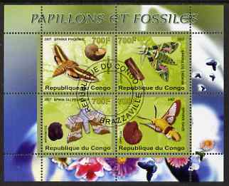 Congo 2007 Butterflies & Fossils #1 perf sheetlet containing 4 values fine cto used, stamps on butterflies, stamps on fossils, stamps on minerals