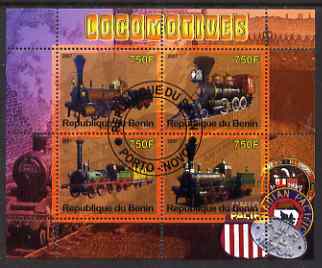 Benin 2007 Locomotives #1 perf sheetlet containing 4 values fine cto used, stamps on , stamps on  stamps on railways