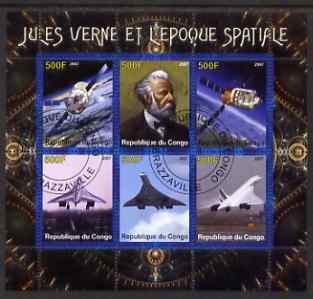 Congo 2007 Jules Verne & the Space Age (Concorde) perf sheetlet containing 6 values fine cto used, stamps on , stamps on  stamps on personalities, stamps on  stamps on literature, stamps on  stamps on sci-fi, stamps on  stamps on aviation, stamps on  stamps on concorde