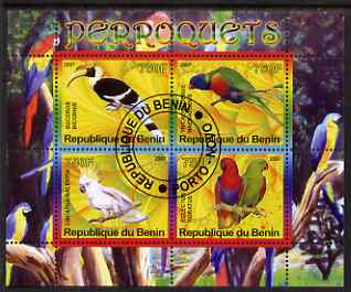 Benin 2007 Parrots perf sheetlet containing 4 values fine cto used, stamps on birds, stamps on parrots