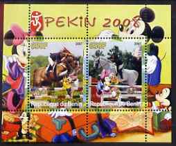Benin 2007 Beijing Olympic Games #01 - Show Jumping (1) perf s/sheet containing 2 values (Disney characters in background) unmounted mint, stamps on sport, stamps on olympics, stamps on disney, stamps on horses, stamps on show jumping