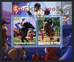 Benin 2007 Beijing Olympic Games #03 - Show Jumping (3) perf s/sheet containing 2 values (Disney characters in background) unmounted mint, stamps on , stamps on  stamps on sport, stamps on  stamps on olympics, stamps on  stamps on disney, stamps on  stamps on horses, stamps on  stamps on show jumping