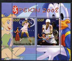 Benin 2007 Beijing Olympic Games #11 - Tennis (2) perf s/sheet containing 2 values (Disney characters in background) unmounted mint, stamps on , stamps on  stamps on sport, stamps on  stamps on olympics, stamps on  stamps on disney, stamps on  stamps on tennis