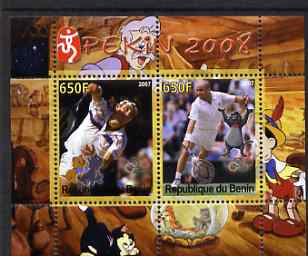 Benin 2007 Beijing Olympic Games #12 - Tennis (3) perf s/sheet containing 2 values (Disney characters in background) unmounted mint, stamps on , stamps on  stamps on sport, stamps on  stamps on olympics, stamps on  stamps on disney, stamps on  stamps on tennis