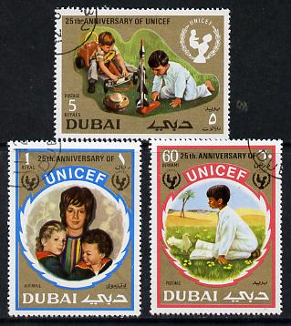 Dubai 1971 UNICEF perf set of 3 cto used, SG 385-87*, stamps on , stamps on  stamps on children, stamps on  stamps on unicef, stamps on  stamps on united-nations, stamps on  stamps on toys