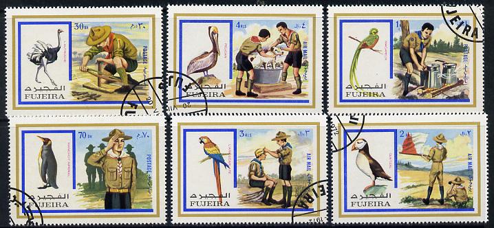 Fujeira 1972 Scouts & Birds set of 6 cto used, Mi 1012-17, stamps on , stamps on  stamps on birds, stamps on  stamps on scouts, stamps on  stamps on ostrich, stamps on  stamps on macaw, stamps on  stamps on parrots, stamps on  stamps on penguins, stamps on  stamps on puffin