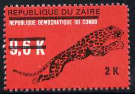 Zaire 1977 Surcharged 2k on 9.6k Leopard unmounted mint, SG 895, stamps on animals, stamps on cats, stamps on leopards