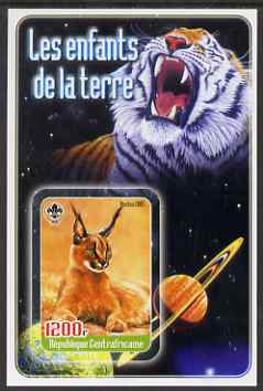 Central African Republic 2005 Young Animals of the World #2 (Big Cats) imperf souvenir sheet containing 1 value with Scout logo, unmounted mint, stamps on animals, stamps on scouts, stamps on cats, stamps on saturn, stamps on planets, stamps on tigers
