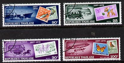 Togo 1973 Postal Service (Stamp on Stamp with Transport) set of 4 cto used, SG 961-64, stamps on , stamps on  stamps on animals  aviation  birds  butterflies  fish  marine-life  postal  railways  ships  stamp on stamp  transport       trucks, stamps on  stamps on stamponstamp