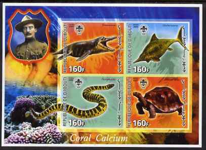 Djibouti 2005 Pre-historic Life #2 (Tortoise, Snake, Fish & Coral) imperf sheetlet containing 4 values each with Scout Logo, unmounted mint, stamps on dinosaurs, stamps on tortoise, stamps on reptiles, stamps on scouts, stamps on snake, stamps on snakes, stamps on marine life, stamps on coral, stamps on 