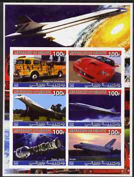 Djibouti 2006 Concorde, Space, Ferrari & Fire Trucks imperf sheetlet containing 6 values unmounted mint, stamps on , stamps on  stamps on concorde, stamps on  stamps on space, stamps on  stamps on fire, stamps on  stamps on ferrari, stamps on  stamps on cars, stamps on  stamps on shuttle