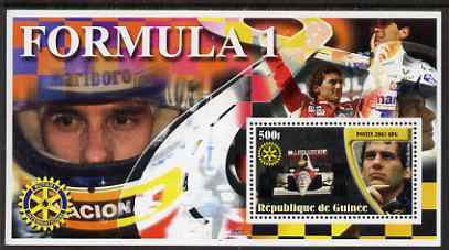 Guinea - Conakry 2003 Formula 1 perf s/sheet #5 containing 1 value (Ayrton Senna) with Rotary logo unmounted mint, stamps on , stamps on  stamps on personalities, stamps on  stamps on  f1 , stamps on  stamps on formula 1, stamps on  stamps on racing cars, stamps on  stamps on cars, stamps on  stamps on rotary