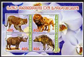 Mali 2005 Animals of Africa perf sheetlet containing set of 4 values unmounted mint, stamps on , stamps on  stamps on animals, stamps on  stamps on lions, stamps on  stamps on cats, stamps on  stamps on rhinos, stamps on  stamps on hyenas, stamps on  stamps on leopards