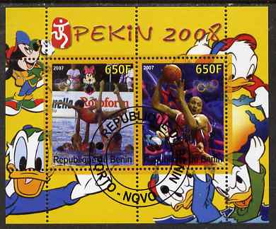 Benin 2007 Beijing Olympic Games #13 - Synch Swimming & Basketball perf s/sheet containing 2 values (Disney characters in background) fine cto used