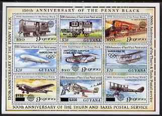 Guyana 1992 Anniversaries opt in black on sheetlet of 9 (150th Anniversary of Penny Black and Thurn & Taxis Postal Anniversary - Mail Planes & Trains) unmounted mint, stamps on , stamps on  stamps on postal, stamps on transport, stamps on aviation, stamps on  stamps on railways, stamps on  stamps on stamp exhibitions, stamps on  stamps on zeppelins, stamps on  stamps on airships, stamps on  stamps on flying boats, stamps on  stamps on olympics