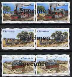 Namibia 2006 Railway Centenary perf set of 3 in pairs overprinted SPECIMEN (opt goes across 2 stamps) unmounted mint, stamps on railways