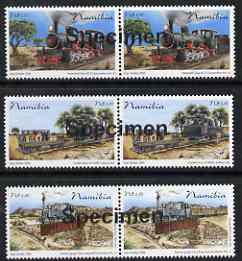 Namibia 2006 Railway Centenary perf set of 3 in pairs overprinted SPECIMEN (opt goes across 2 stamps) unmounted mint, stamps on , stamps on  stamps on railways