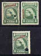 Newfoundland 1897 400th Anniversary Queen Victoria 1c green selection of 3 each with a security punch hole and different SPECIMEN opts, ex ABN archives - only 100 believe..., stamps on 