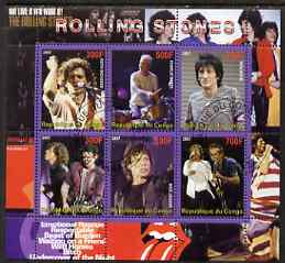 Congo 2007 The Rolling Stones perf sheetlet containing 6 values fine cto used, stamps on personalities, stamps on music, stamps on pops, stamps on rock, stamps on rolling stones