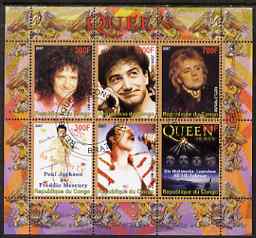 Congo 2007 Queen (pop group) perf sheetlet containing 6 values fine cto used, stamps on personalities, stamps on music, stamps on pops, stamps on rock, stamps on queen