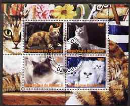 Djibouti 2008 Domestic Cats #2 perf sheetlet containing 4 values fine cto used, stamps on , stamps on  stamps on cats