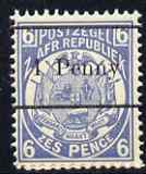 Transvaal 1893 Surcharged 1d on 6d blue unmounted mint, SG 197, stamps on , stamps on  stamps on , stamps on  stamps on  qv , stamps on  stamps on 