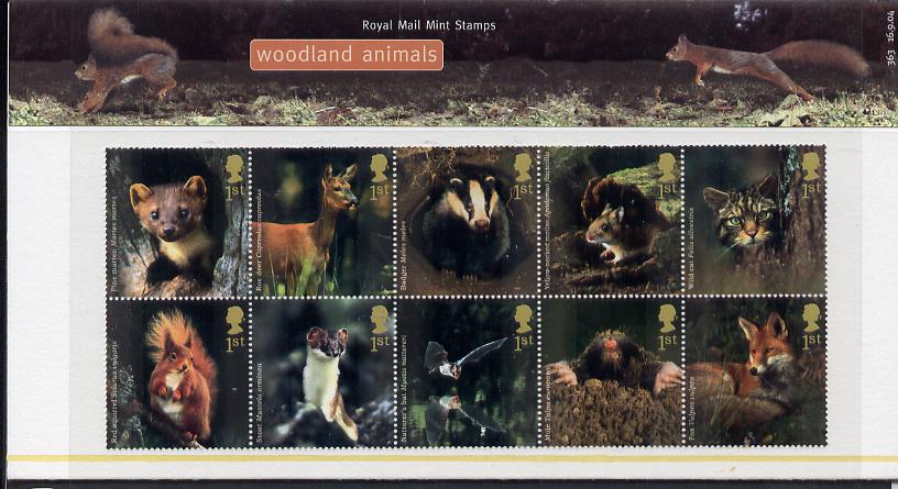 Great Britain 2004 Woodland Animals perf se-tenant block of 10 values in official presentation pack unmounted mint SG 2479a, stamps on , stamps on  stamps on animals, stamps on  stamps on marten, stamps on  stamps on squirrels, stamps on  stamps on deer, stamps on  stamps on bats, stamps on  stamps on mammals, stamps on  stamps on badgers, stamps on  stamps on fox, stamps on  stamps on dogs, stamps on  stamps on cats, stamps on  stamps on  fox , stamps on  stamps on foxes, stamps on  stamps on  