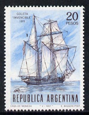 Argentine Republic 1967 Navy Day (Schooner Invincible) unmounted mint with yellow omitted, SG 1200a, stamps on , stamps on  stamps on ships