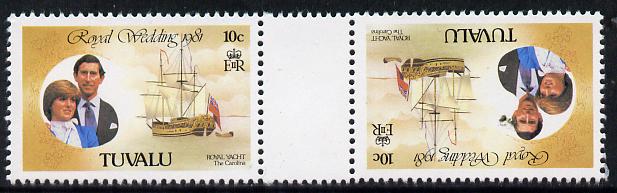 Tuvalu 1981 Royal Wedding 10c (Royal Yacht Carolina) in tete-beche pair from uncut booklet pane, SG 175var scarce thus unmounted mint, stamps on royalty, stamps on ships, stamps on diana, stamps on charles, stamps on sailing