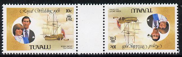 Tuvalu 1981 Royal Wedding 10c (Royal Yacht Carolina) in tete-beche pair from uncut booklet pane, SG 175var scarce thus unmounted mint, stamps on royalty, stamps on ships, stamps on diana, stamps on charles, stamps on sailing