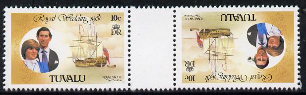 Tuvalu 1981 Royal Wedding 10c (Royal Yacht Carolina) in tete-beche pair from uncut booklet pane, SG 175var scarce thus unmounted mint, stamps on , stamps on  stamps on royalty, stamps on  stamps on ships, stamps on  stamps on diana, stamps on  stamps on charles, stamps on  stamps on sailing