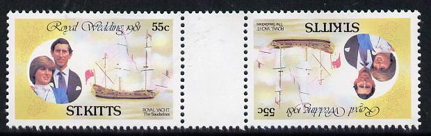 St Kitts 1981 Royal Wedding 55c (Royal Yacht Saudadoes) in unmounted mint tete-beche pair from uncut booklet pane, SG 82var scarce thus, stamps on , stamps on  stamps on royalty  ships    royalty, stamps on  stamps on diana, stamps on  stamps on charles, stamps on  stamps on     sailing