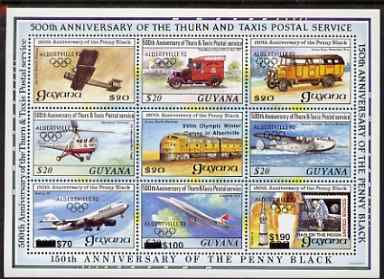 Guyana 1992 Anniversaries opt in black (Albertville Olympics) on sheetlet of 9 (150th Anniversary of Penny Black and Thurn & Taxis Postal Anniversary - Mail Transport) unmounted mint