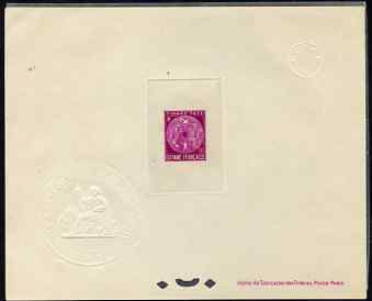 French Guiana 1947 Postage Due 20f bright purple Epreuves deluxe proof sheet in issued colour with Official French Colonies impressed die stamp (from very limited printing) being the first item to feature a Frog, as SG D253, stamps on , stamps on  stamps on amphibians, stamps on  stamps on frogs