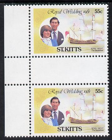 St Kitts 1981 Royal Wedding 55c (Royal Yacht Saudadoes) in unmounted mint inter-paneau gutter pair from uncut sheets, SG 82var scarce thus, stamps on royalty  ships    royalty, stamps on diana, stamps on charles, stamps on      sailing