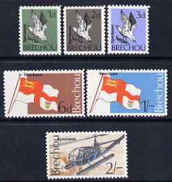 Brecqhou 1969 definitive set of 6 eac h overprinted SPECIMEN unmounted mint (Rosen B1s-6s) , stamps on , stamps on  stamps on birds, stamps on  stamps on flags, stamps on  stamps on aviation, stamps on  stamps on helicopters, stamps on  stamps on sea gulls