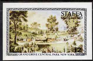 Staffa 1982 Grand Drive, Central Park New York imperf deluxe sheet (£2 value) unmounted mint, stamps on national parks, stamps on horses