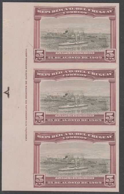Uruguay 1909 Cruiser in Port Montevideo 5c imperf imprint colour trial proof strip of 3 in grey-green & brown on enamelled card, as SG 283, stamps on , stamps on  stamps on ports  ships