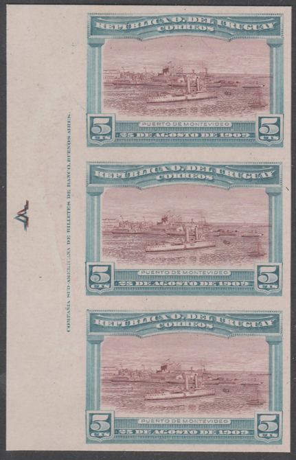Uruguay 1909 Cruiser in Port Montevideo 5c imperf imprint colour trial proof strip of 3 in red-brown & blue on enamelled card, as SG 283, stamps on , stamps on  stamps on ports  ships