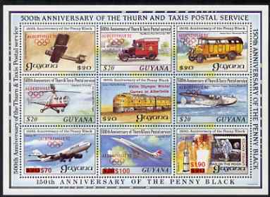 Guyana 1992 Anniversaries scarce opt in red (Albertville Olympics) on sheetlet of 9 (150th Anniversary of Penny Black and Thurn & Taxis Postal Anniversary - Mail Transpor..., stamps on postal, stamps on transport, stamps on olympics, stamps on aviation, stamps on concorde, stamps on helicopters, stamps on railways, stamps on flying boats, stamps on space, stamps on stamp on stamp, stamps on , stamps on stamponstamp