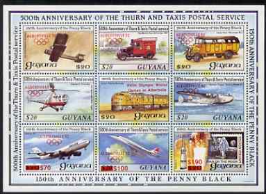 Guyana 1992 Anniversaries scarce opt in red (Albertville Olympics) on sheetlet of 9 (150th Anniversary of Penny Black and Thurn & Taxis Postal Anniversary - Mail Transport) unmounted mint, stamps on , stamps on  stamps on postal, stamps on  stamps on transport, stamps on  stamps on olympics, stamps on  stamps on aviation, stamps on  stamps on concorde, stamps on  stamps on helicopters, stamps on  stamps on railways, stamps on  stamps on flying boats, stamps on  stamps on space, stamps on  stamps on stamp on stamp, stamps on  stamps on , stamps on  stamps on stamponstamp