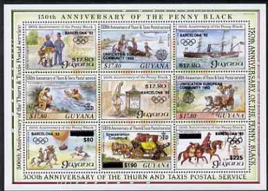 Guyana 1992 Anniversaries opt in black (Barcelona Olympics, Space Station & Europa) on sheetlet of 9 (150th Anniversary of Penny Black and Thurn & Taxis Postal Anniversary - Mail Carriers) unmounted mint, stamps on , stamps on  stamps on olympics, stamps on postal, stamps on transport, stamps on europa, stamps on  stamps on mail coaches, stamps on postman, stamps on postbox, stamps on ships, stamps on horses, stamps on balloons, stamps on  stamps on paddle steamers, stamps on  stamps on 