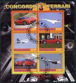 Benin 2007 Concorde & Ferrari #1 perf sheetlet containing 6 values fine cto used, stamps on aviation, stamps on concorde, stamps on cars, stamps on ferrari