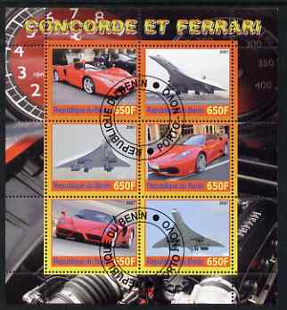 Benin 2007 Concorde & Ferrari #2 perf sheetlet containing 6 values fine cto used, stamps on aviation, stamps on concorde, stamps on cars, stamps on ferrari
