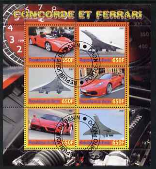 Benin 2007 Concorde & Ferrari #2 perf sheetlet containing 6 values fine cto used, stamps on , stamps on  stamps on aviation, stamps on  stamps on concorde, stamps on  stamps on cars, stamps on  stamps on ferrari