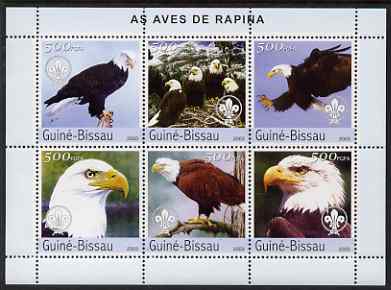 Guinea - Bissau 2003 Eagles perf sheetlet containing 6 x 500 values (each with Scout Logo) unmounted mint , stamps on birds, stamps on birds of prey, stamps on eagles, stamps on scouts
